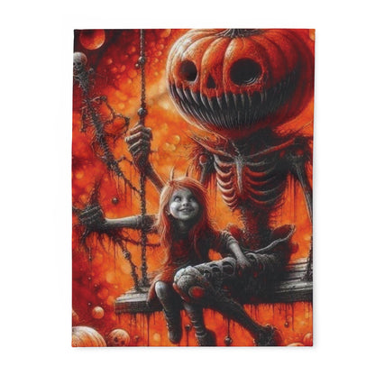 Decorative and Warm Halloween Spooky Arctic Fleece Blanket featuring a chilling scene with a pumpkin-headed figure and a child, perfect for adding a luxurious festive touch to your Halloween decor.
