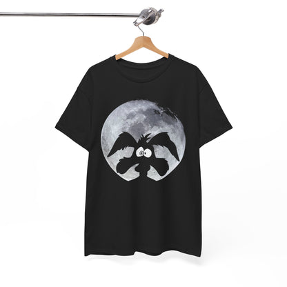 Sophisticated hanging black tee featuring the striking image of Wile E. Coyote against a radiant moon, a statement piece for any wardrobe.
