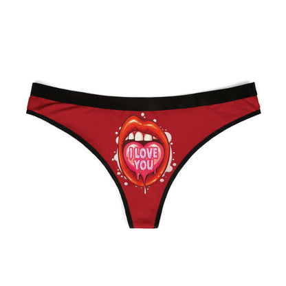 Elegant women's thong showcased with a striking image of red lips and a playful heart-shaped design saying 'I love you', ideal for adding a cheeky touch to intimate celebrations.