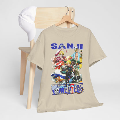 Luxurious men's graphic t-shirt featuring a vibrant Sanji design from the anime One Piece, displayed on a classy wooden chair with a white cap.
