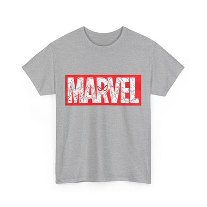Front view of the 'MARVEL' graphic tee in grey, featuring bold red typography and intricate superhero silhouettes, embodying a premium fan experience.
