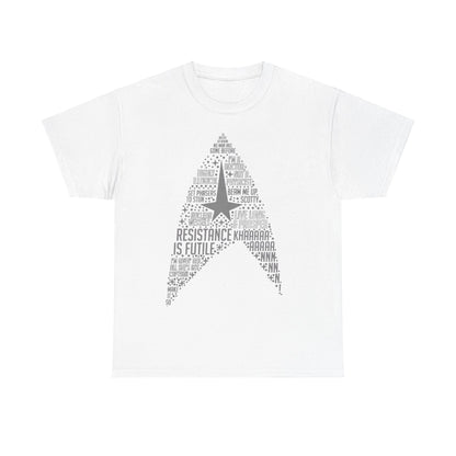 Star Trek Federation Logo Art Graphic Unisex T-Shirt in pristine white, beautifully designed with legendary Star Trek phrases, ideal for stylish aficionados.