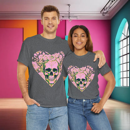 Couple wearing the Skulls and Roses Cotton Tee, exemplifying the unisex fit and bold design perfect for fashion-forward individuals.