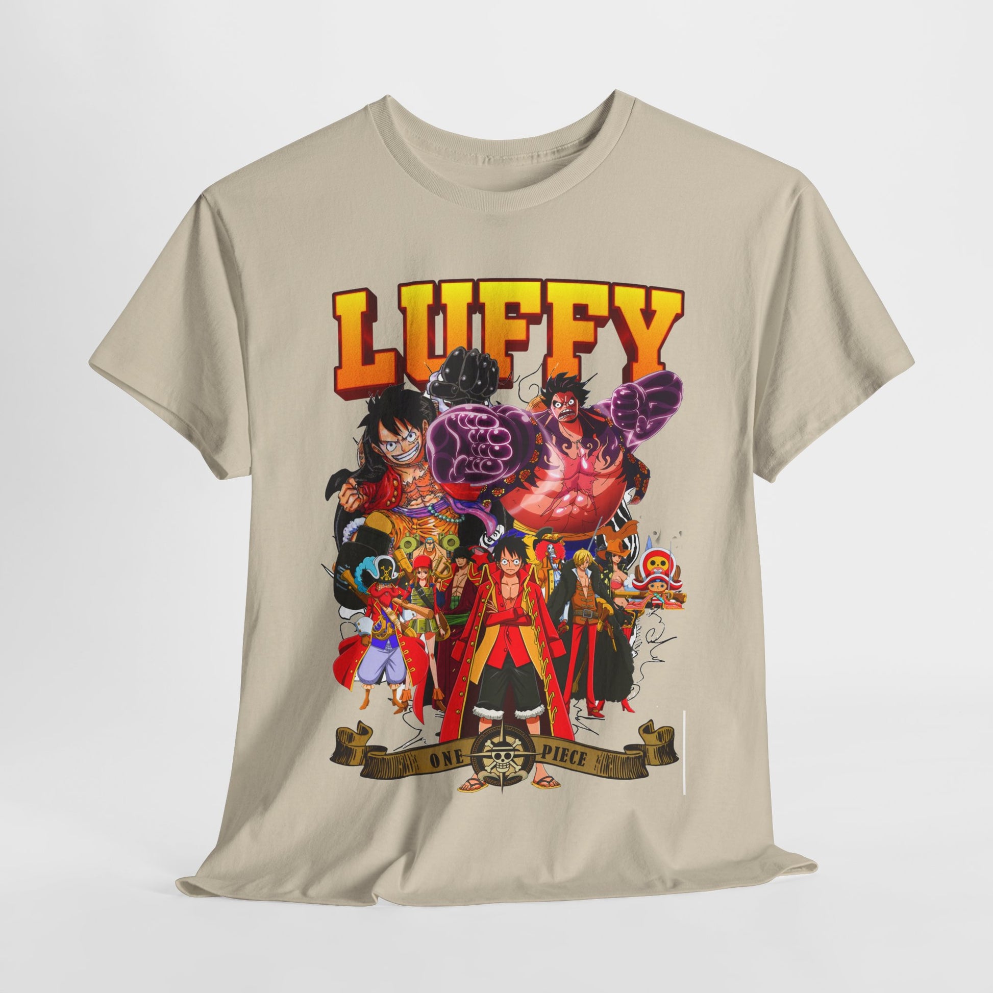 Stylish Luffy t-shirt displayed elegantly, featuring exquisite anime artistry from One Piece, suitable for fashionable gatherings.