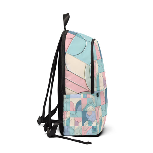 Pastel Paradise Geometric Design Backpack showcasing a blend of pink, lilac, mint, and peach hues, a fashionable essential from Dazzling Dreams Studio.