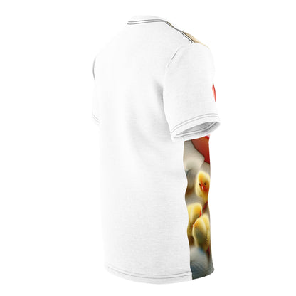 Luxurious Chick Magnet T-Shirt by Dazzling Dreams Studio featuring a photorealistic magnet design surrounded by fluffy yellow chicks, showcasing sophisticated playfulness and unique fashion appeal.