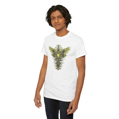 Another model displaying the exquisite white t-shirt featuring a celestial-themed graphic design with cross and decorative elements, perfect for a fashionable look.