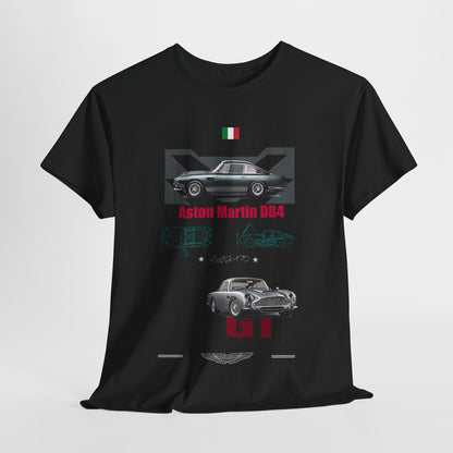 Stylish black Aston Martin DB4 graphic t-shirt featuring an iconic car silhouette, technical drawings, and bold typography, designed for automotive enthusiasts.