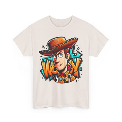 Front view of the vibrant Woody Graphic Unisex Cotton Tee, featuring a stylised Woody design, ideal for nostalgic adventures.