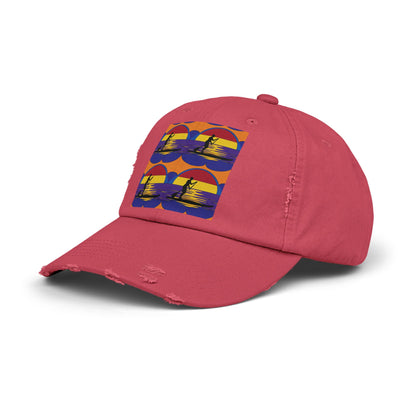 Unisex Distressed Paddleboarders Cap in pink with a unique paddleboarding design showcasing adventure and style for outdoor enthusiasts.