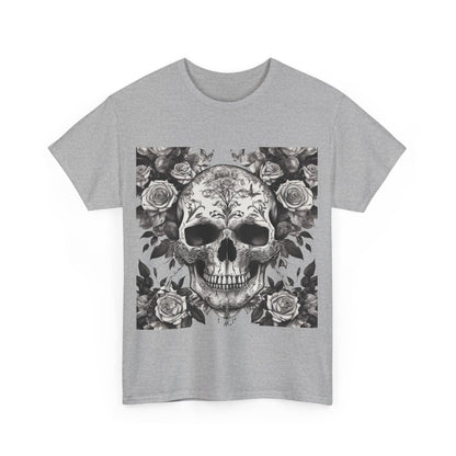 Front view of the Skulls and Roses Cotton Tee displayed flat, featuring intricate skull and rose artwork, perfect for embracing individuality.