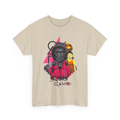 Chic graphic cotton tee inspired by Squid Game, highlighting memorable characters in a modern aesthetic, suitable for trendsetters seeking unique fashion statements.