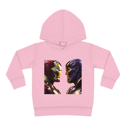 Stylish pink Iron Man Vs Thanos Child's Unisex Hoodie showing a vibrant graphic of the legendary face-off between Iron Man and Thanos.