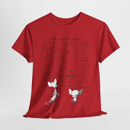 Pinky And The Brain Graphic T-Shirt in red, elegantly draped to showcase a captivating design with Pinky and the Brain amid mathematical motifs, a stylish statement piece for the intellectual adventurer.