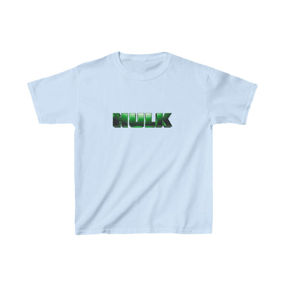 Kids Incredible Hulk Heavy Cotton T-Shirt in light blue adorned with an eye-catching Hulk logo, suitable for everyday wear.