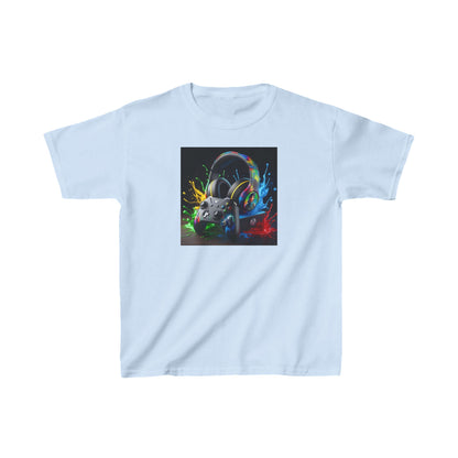 Unisex Children's Gaming Graphic Cotton Tee in light blue, adorned with a captivating gaming headset and controller design, tailored for young gaming enthusiasts with a flair for style.