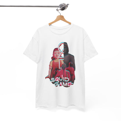 Chic folded cotton t-shirts featuring striking Squid Game designs, embodying comfort and elegance, suitable for individuals who appreciate high-quality fashion.