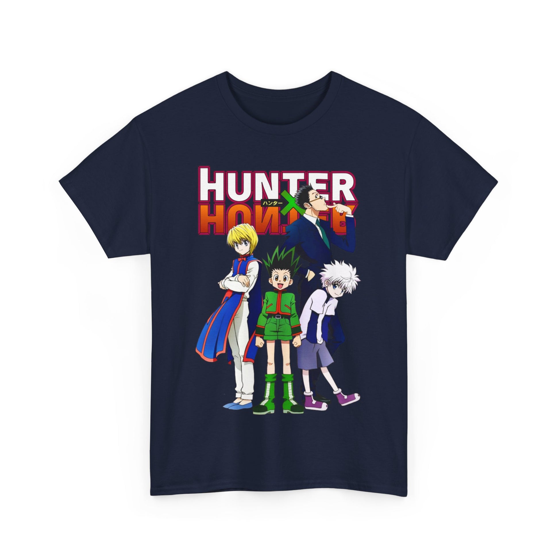 Elegant navy blue Hunter x Hunter T-shirt design featuring iconic anime characters, showcasing artistry and passion for anime culture.