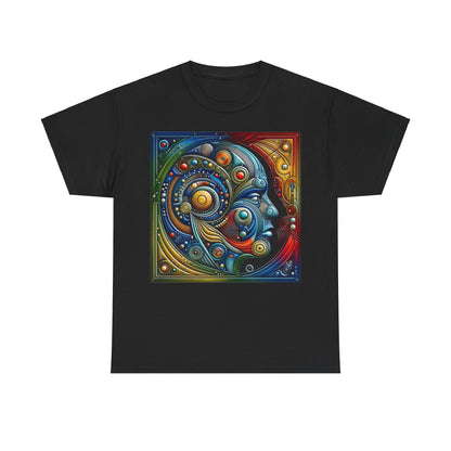 Stained Glass Dreams Unisex T-Shirt featuring intricate abstract design on black fabric, showcasing vibrant colours and geometric patterns, perfect for art lovers.