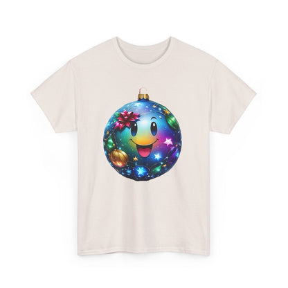 Festive Cheer Christmas Bauble Unisex Cotton T-Shirt Graphic Tee featuring a vibrant blue Christmas ornament design adorned with a smiley face, sparkling stars, and a red poinsettia.