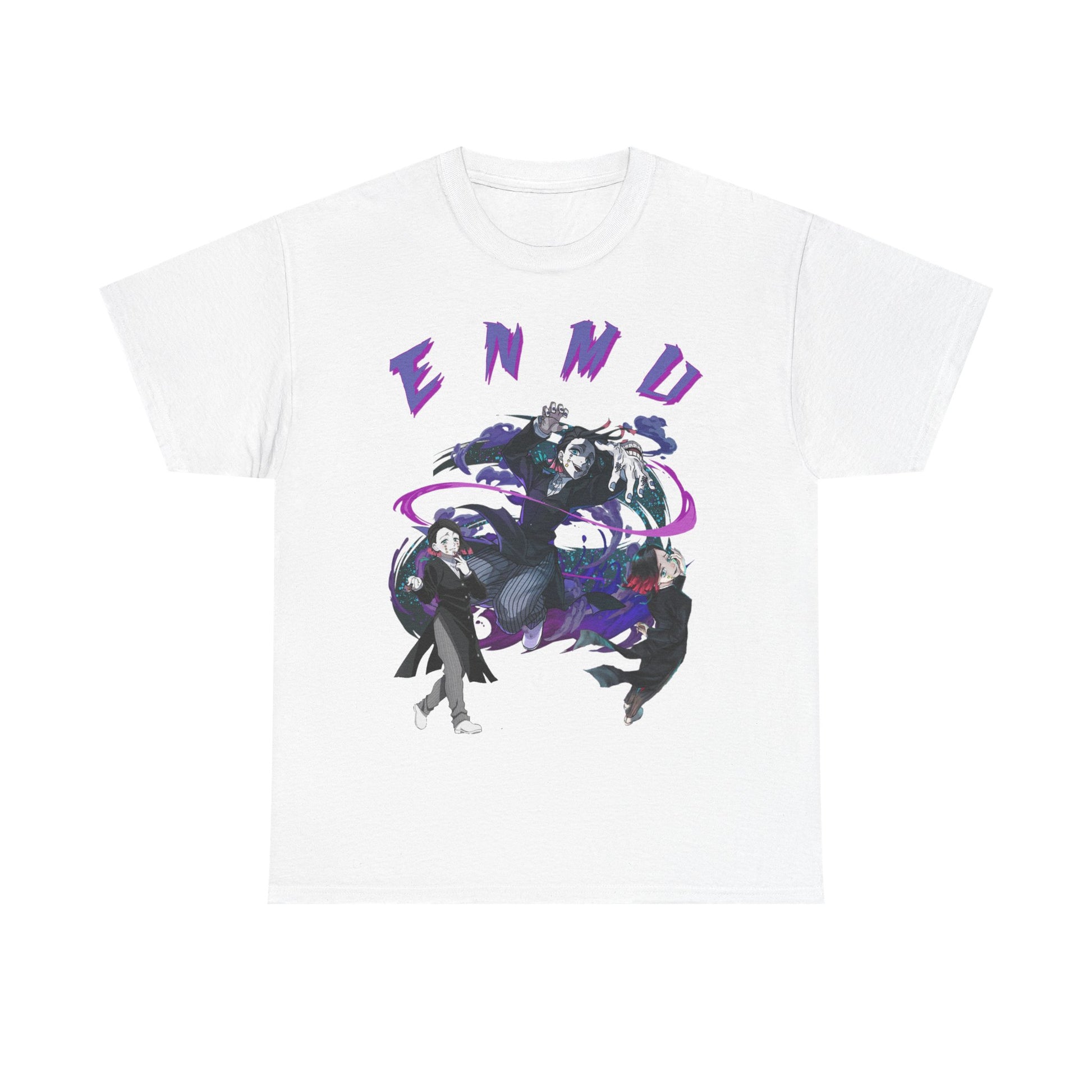 Luxurious white Enmu-inspired graphic T-shirt presenting an intricate portrayal of iconic characters from Demon Slayer, with the bold 'ENMU' inscription artistically integrated into a vivid composition.
