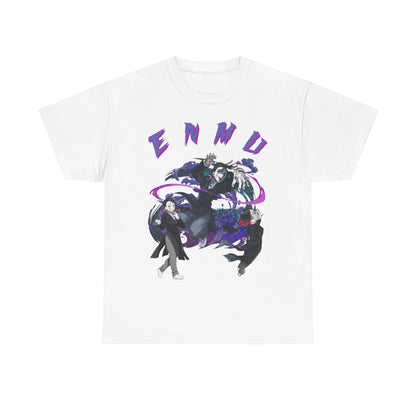 Luxurious white Enmu-inspired graphic T-shirt presenting an intricate portrayal of iconic characters from Demon Slayer, with the bold 'ENMU' inscription artistically integrated into a vivid composition.