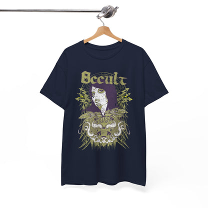 Chic navy graphic t-shirt elegantly hung, featuring ornate design elements and the word 'Occult' for a striking visual appeal.