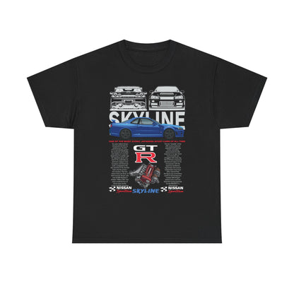 Luxurious black men’s t-shirt featuring a striking graphic of the iconic Nissan Skyline GT-R, highlighted by intricate automotive art and technical specifications.