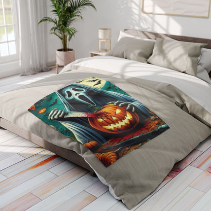 Decorative and Warm Halloween Spooky Scream Arctic Fleece Blanket laid over a luxurious bed, highlighting its captivating spooky design with a ghost holding a carved pumpkin.