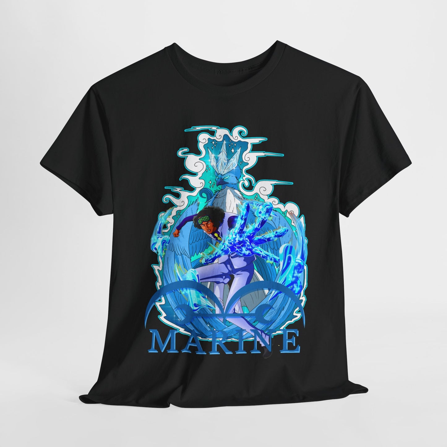 Luxurious black men's T-shirt featuring a bold marine anime design with intricate illustrations and the word 'MARINE' in striking blue, perfect for anime enthusiasts.