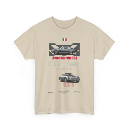 Aston Martin DB4 graphic t-shirt in beige, featuring detailed car illustrations and luxurious design.