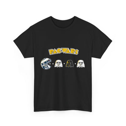 Pac Wars Pacman Star Wars Mashup Unisex Men's Women's Graphic T Shirt Tee, featuring a stylish print of iconic characters on a premium black background.