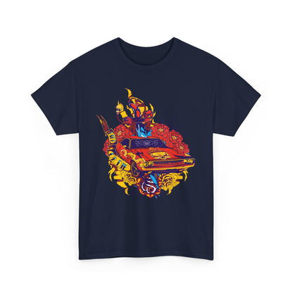 Elegant navy t-shirt featuring a bold tattoo-style design with a red muscle car surrounded by floral accents, epitomizing luxury and individuality.