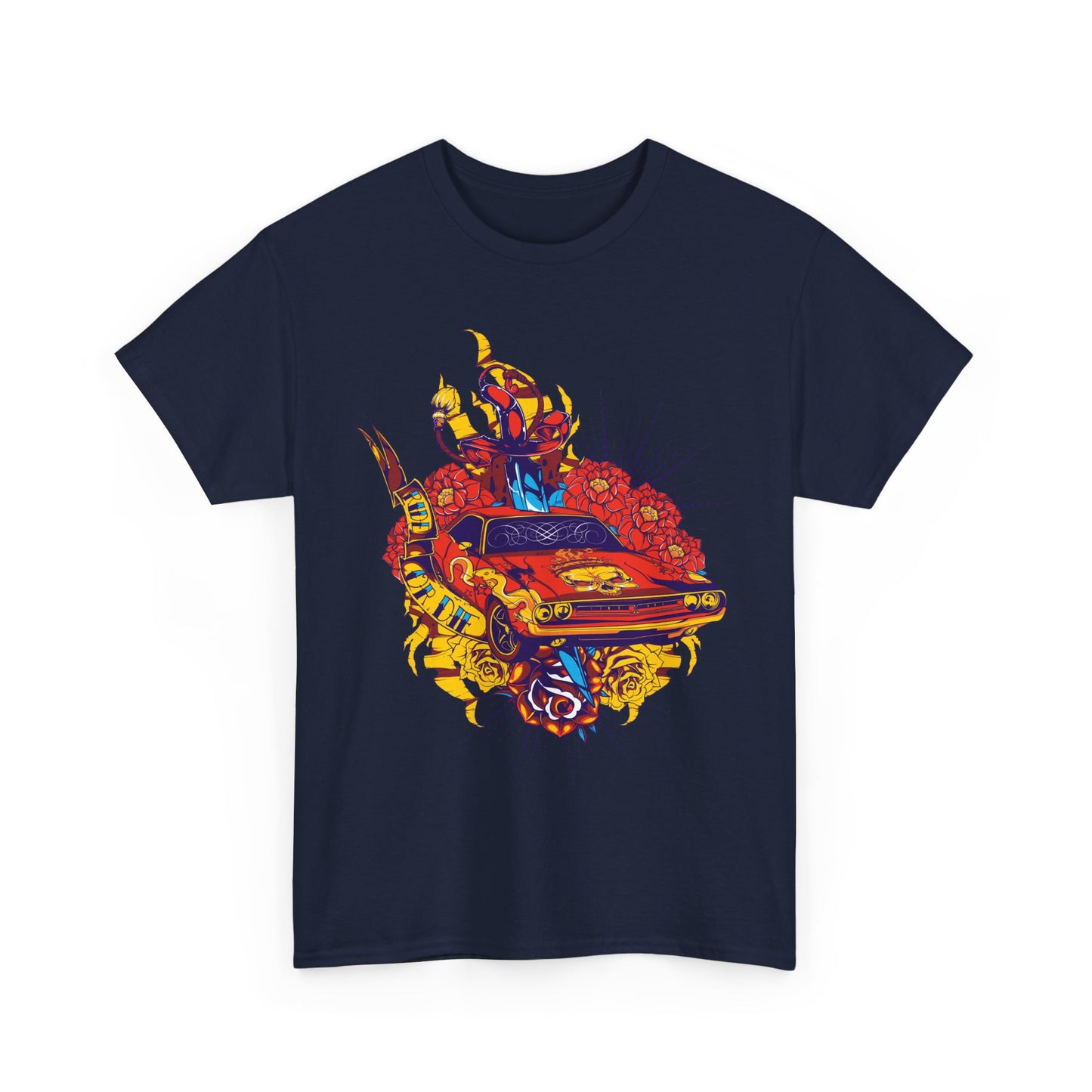 Bold navy t-shirt showcasing an intricate tattoo-inspired graphic of a muscle car amidst vivid floral elements, appealing to those with a taste for unique art.