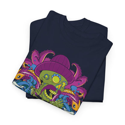 Folded navy t-shirt showcasing a vivid printed design of a skeleton with an octopus and koi fish, embodying a lively artistic expression.