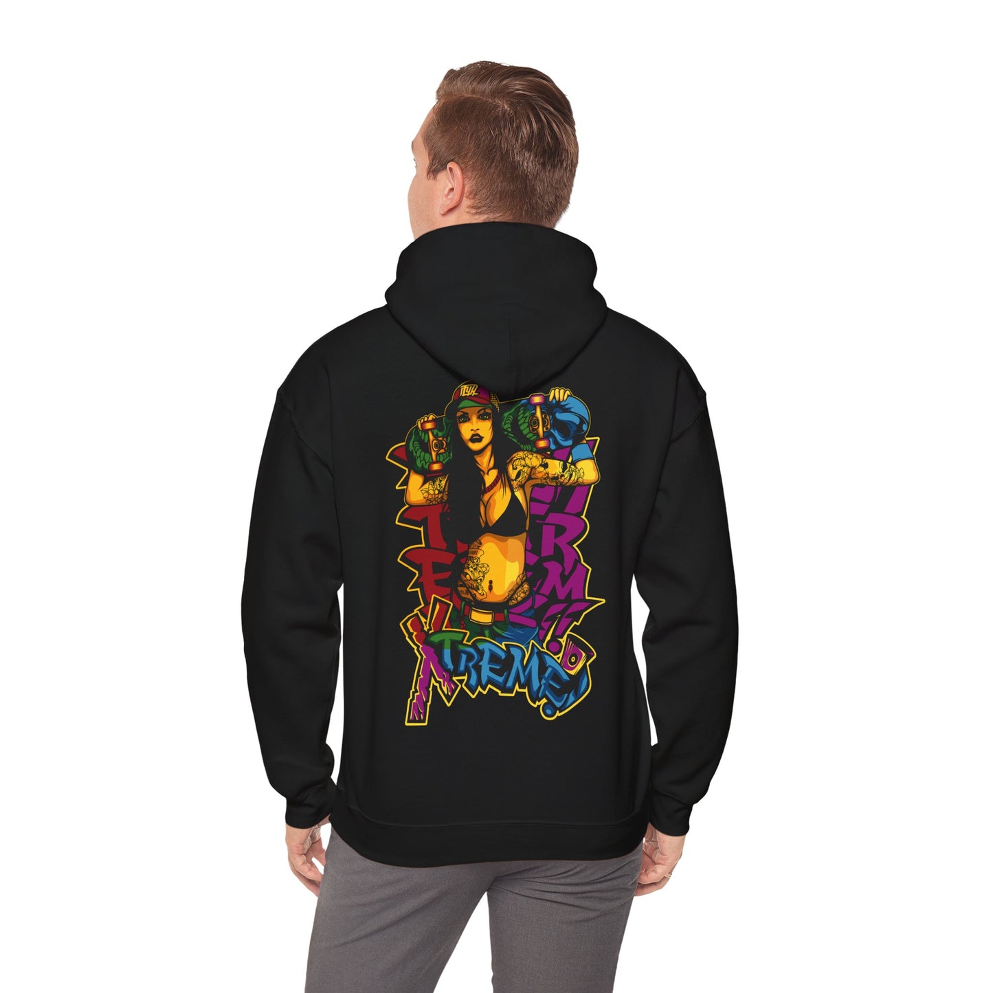 Fashionable black hoodie displaying a vibrant skateboarder graphic on the back, showcasing street art influence and trendy style.