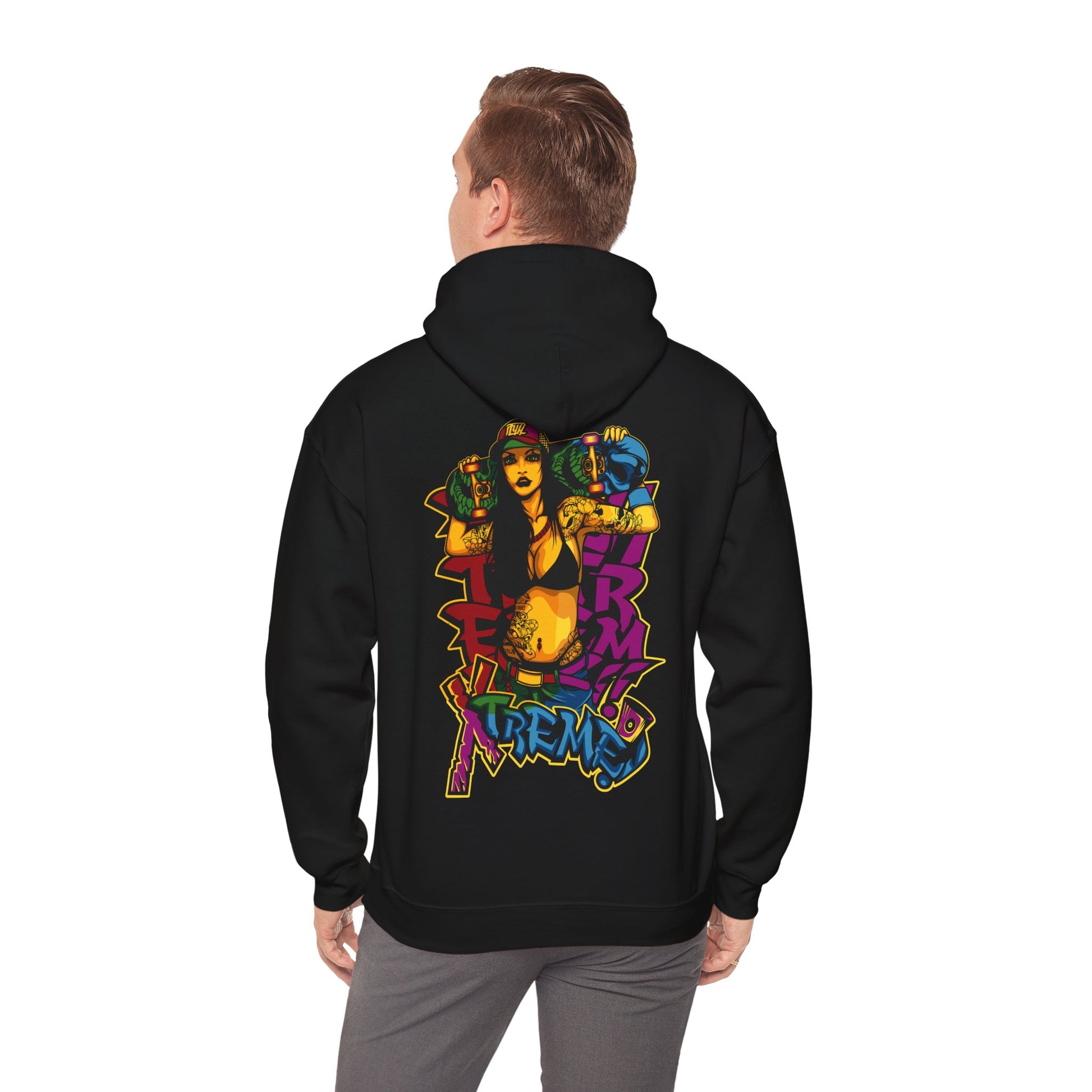 Fashionable black hoodie displaying a vibrant skateboarder graphic on the back, showcasing street art influence and trendy style.