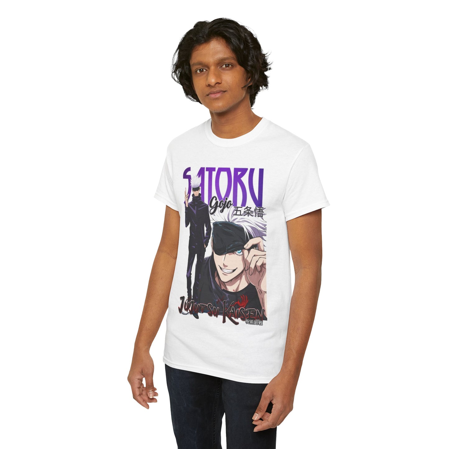 Luxurious Jujutsu Kaisen Gojo Satoru T-shirt featuring captivating artwork, perfect for anime enthusiasts.