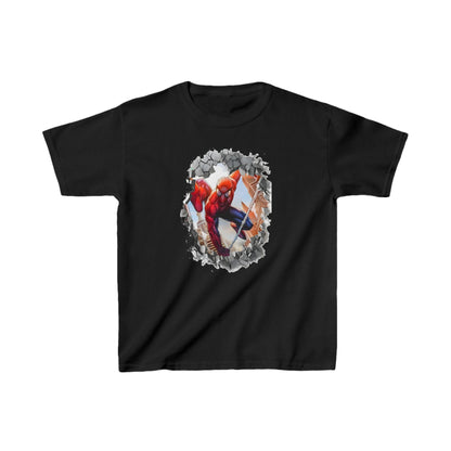 Luxury Unisex Kids Spider-Man Cotton T-Shirt in black with striking Spider-Man graphic breaking through a wall, perfect for young fashionistas.