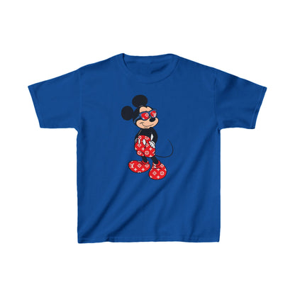 Unisex Kids Mickey Mouse LV Cotton T-Shirt Tee in vibrant blue, showcasing an iconic Mickey Mouse styled in luxury designer fashion.