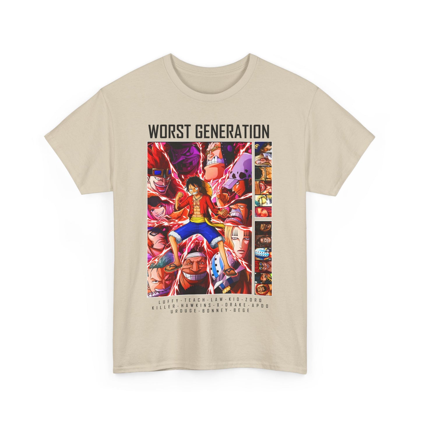 Luxurious beige T-shirt featuring a vibrant 'Worst Generation' design, showcasing dynamic anime characters including Luffy, Zoro, and Law, ideal for streetwear enthusiasts.