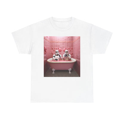 Refined white t-shirt featuring a charming illustration of Stormtroopers enjoying a bubble bath in a pink setting, ideal for making a bold yet elegant fashion statement.