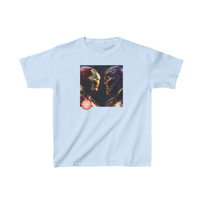 Kids Iron Man Heavy Cotton T-Shirt with Hulk Print in soft light blue featuring Iron Man and Thanos face-off design, perfect for Marvel fans.