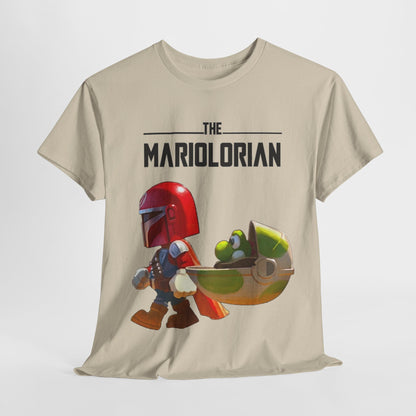Luxurious unisex graphic t-shirt featuring the playful 'Mariolorian' design, showcasing a vibrant red helmeted hero and a whimsical green character, perfect for adding a touch of humour to your wardrobe.