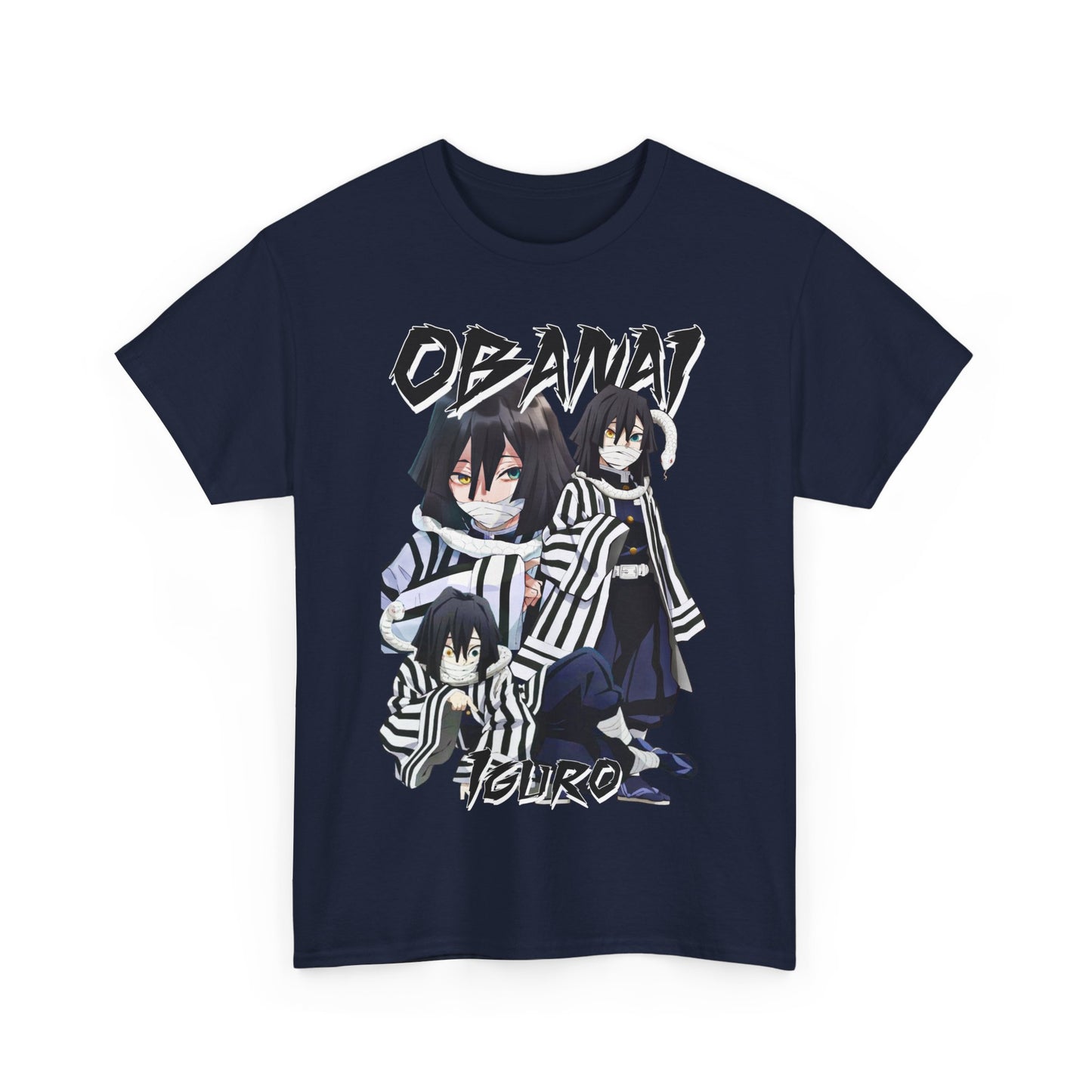 Refined view of stacked navy T-shirts displaying a striking Obanai Iguro graphic, highlighting premium fabric and artistic details ideal for discerning anime enthusiasts.