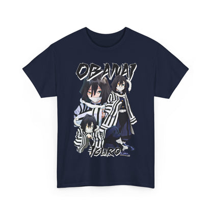 Refined view of stacked navy T-shirts displaying a striking Obanai Iguro graphic, highlighting premium fabric and artistic details ideal for discerning anime enthusiasts.