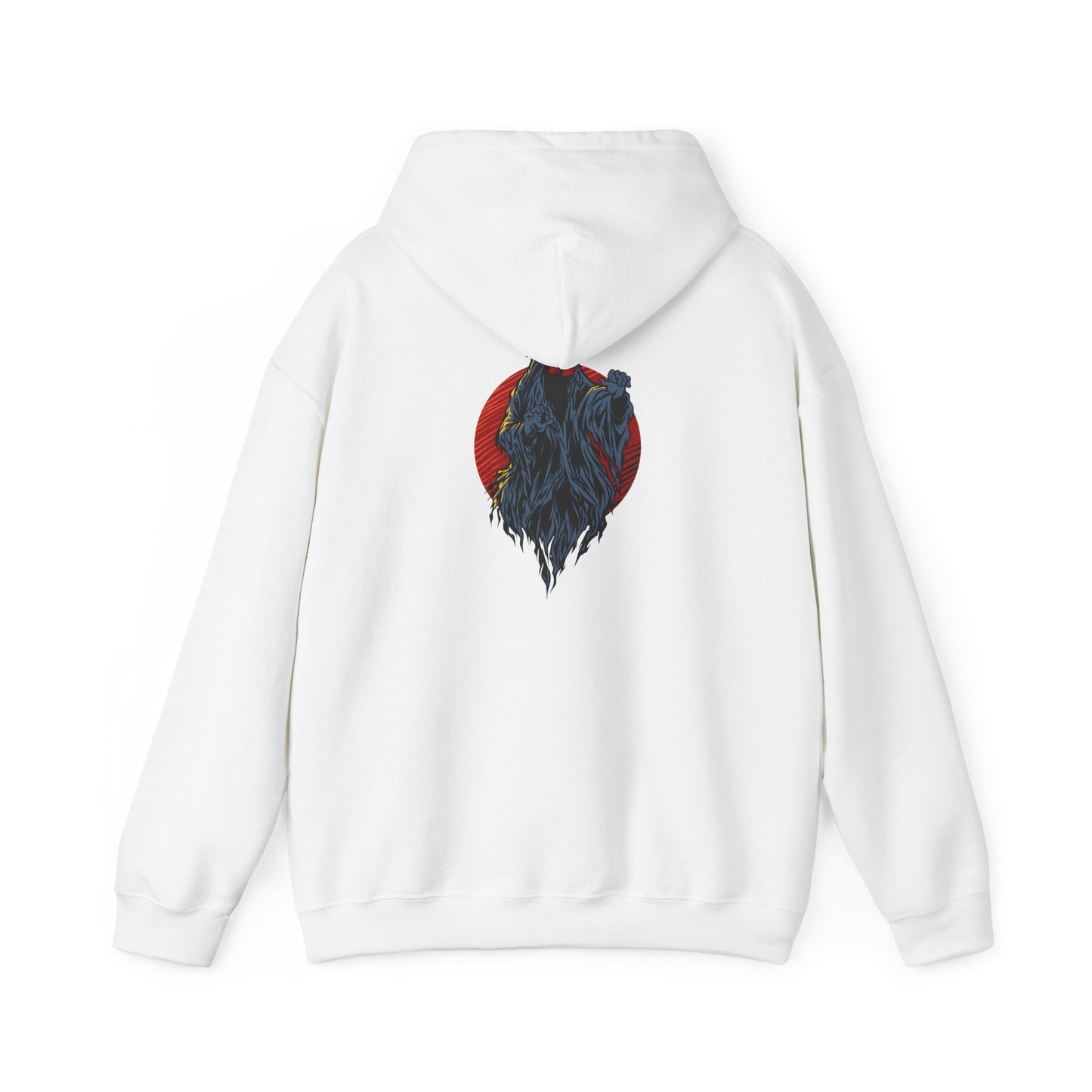 Elegant white hoodie featuring a striking back print of a fierce grey demon-like creature, embellished against a vivid red circle, capturing a blend of bold artistry and sophisticated urban style.