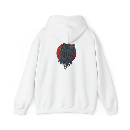 Elegant white hoodie featuring a striking back print of a fierce grey demon-like creature, embellished against a vivid red circle, capturing a blend of bold artistry and sophisticated urban style.