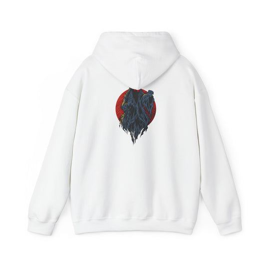 Elegant white hoodie featuring a striking back print of a fierce grey demon-like creature, embellished against a vivid red circle, capturing a blend of bold artistry and sophisticated urban style.