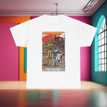 The Droids Tarot Card Graphic T-Shirt Urban Unisex Cotton Tee displayed with sophistication, featuring a pristine white fabric background showcasing the impressive artwork of C-3PO and R2-D2.